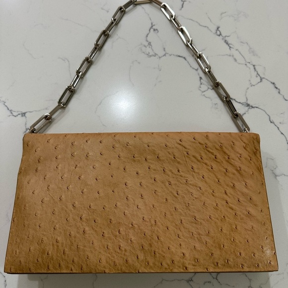 Authentic Vintage Maxx New York Tan Chain Shoulder Bag Ostrich Embossed Leather - Picture 1 of 10
